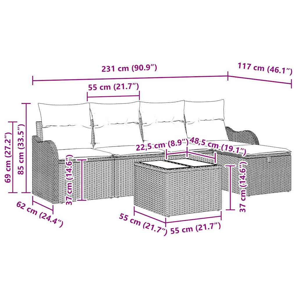 Garten-Sofa-Set 6 pcs Braun und Creme 231 x 117 x 85 cm